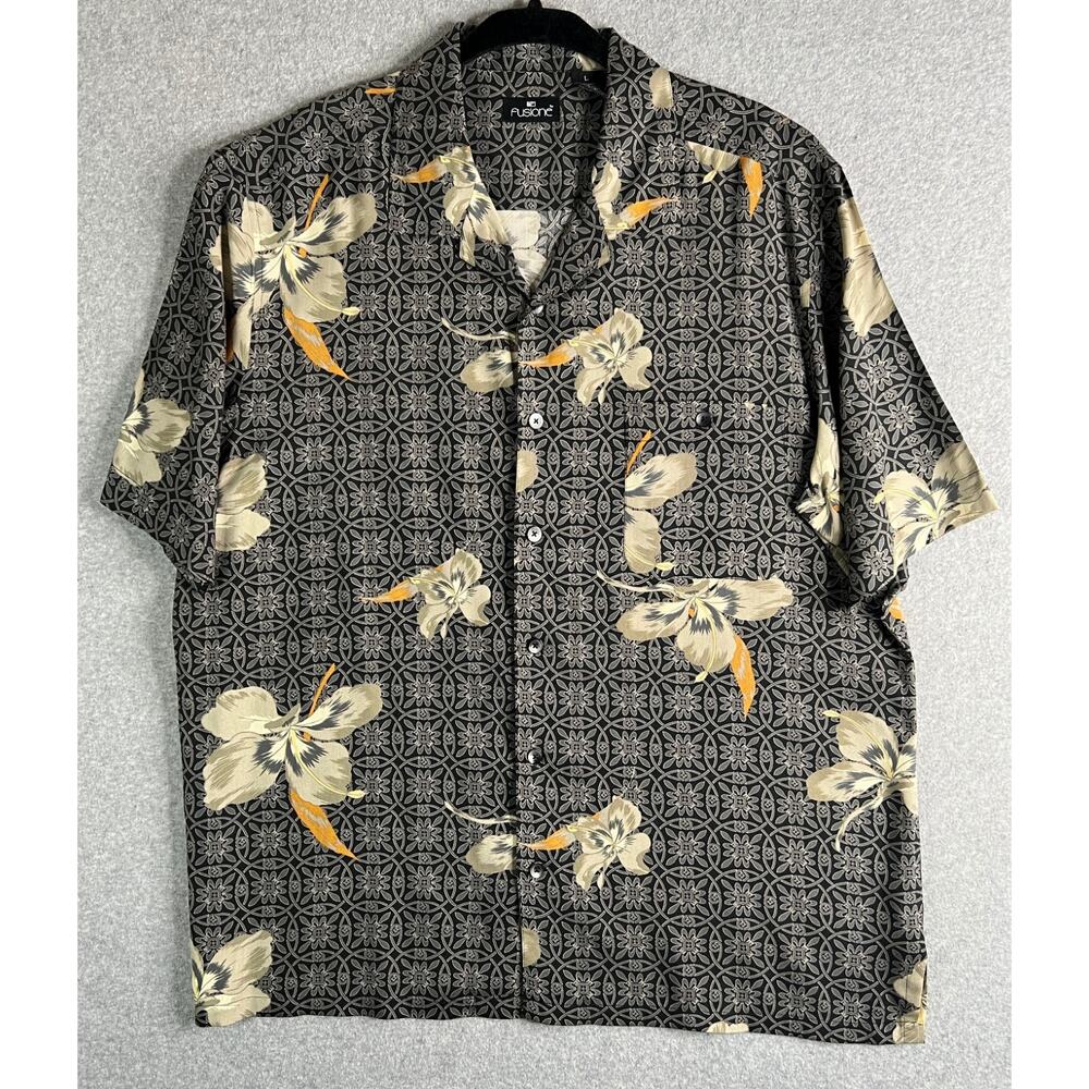 Fusione Mens Silk Hawaiian Shirt Large Black Floral Camp Collar Button Up Aloha